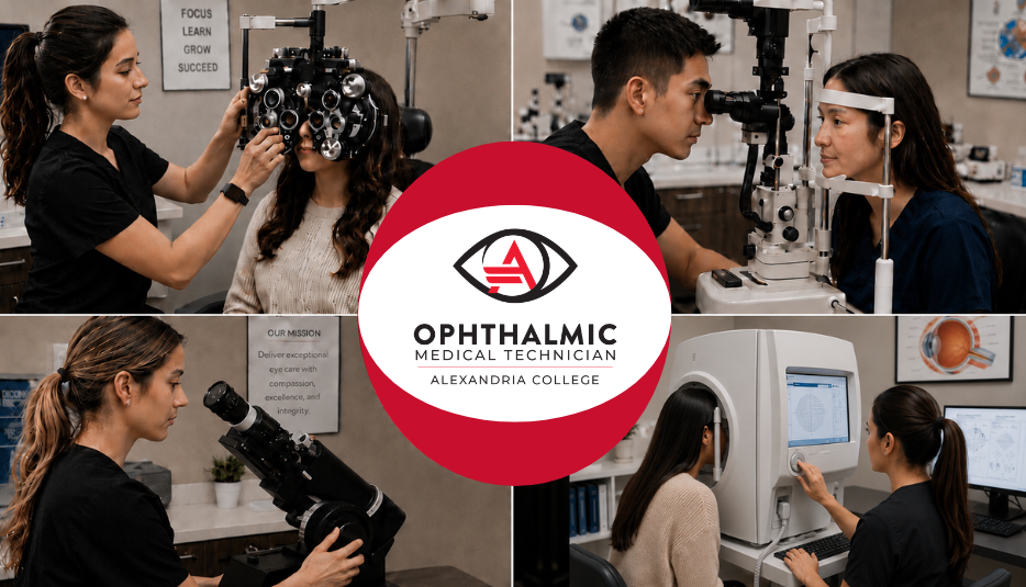 Students in Alexandria College's Ophthalmic Medical Technician program use specialized equipment to perform vision exams and eye diagnostics in a clinical lab setting.