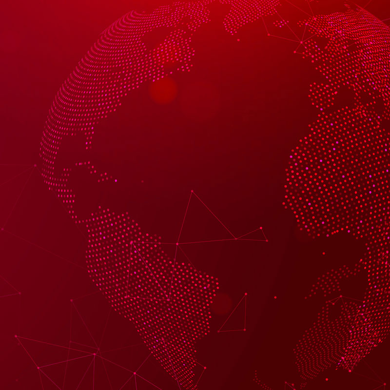 Red background with technology-inspired representation of the continents of the world in bright, connected, dots