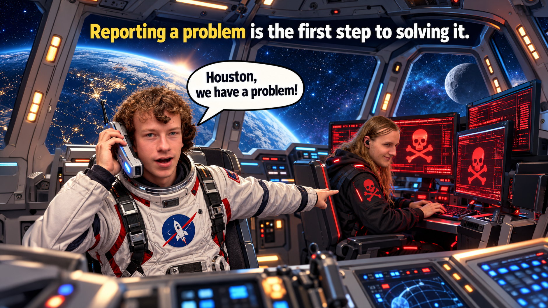 Astronaut in space shit points to man hacking into computer software and says, 