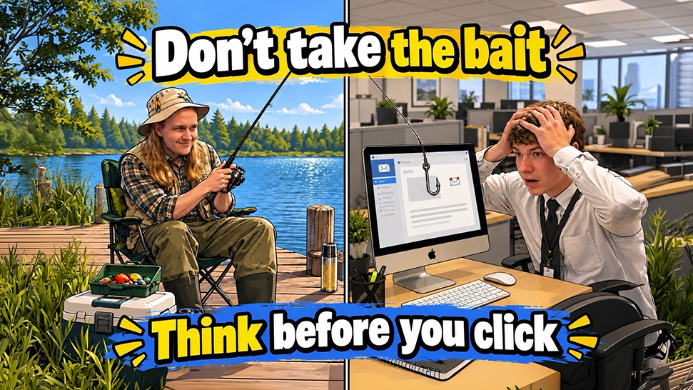 Illustration promoting phishing awareness with the message 'Don't take the bait. Think before you click.'