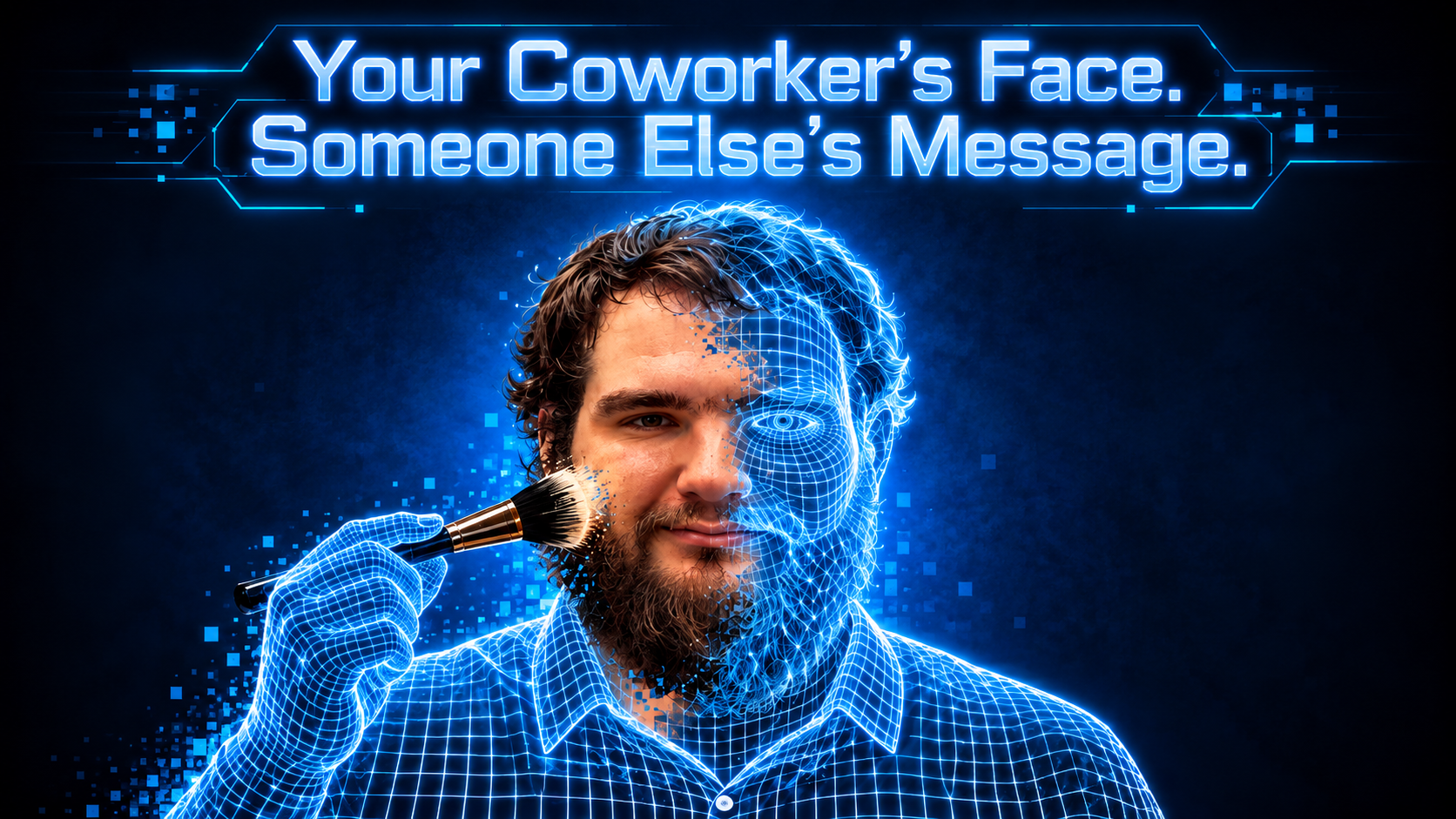 Man using a makeup brush on his cheek with half of his face and body appearing digitally rendered