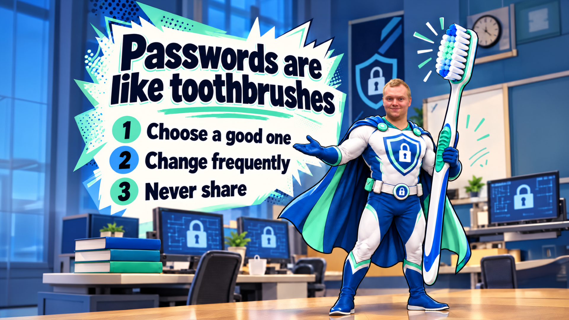 Password Security Superhero holds large toothbrush in office setting