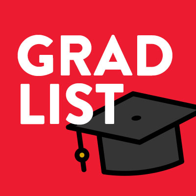 Grad List text with image of mortarboard