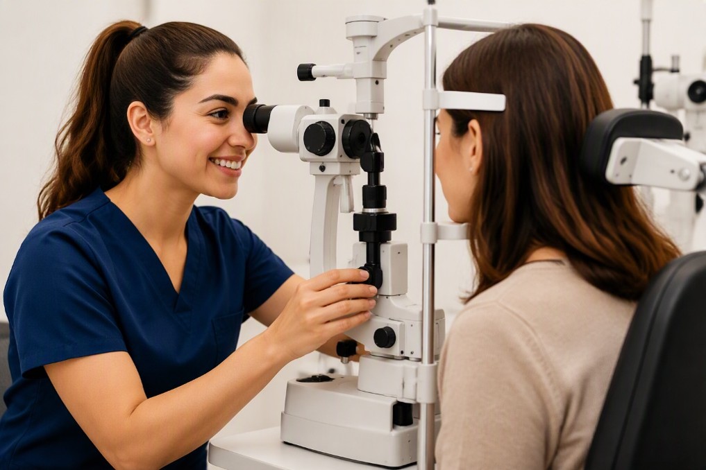 Ophthalmic professional uses equipment to look at a patients eye