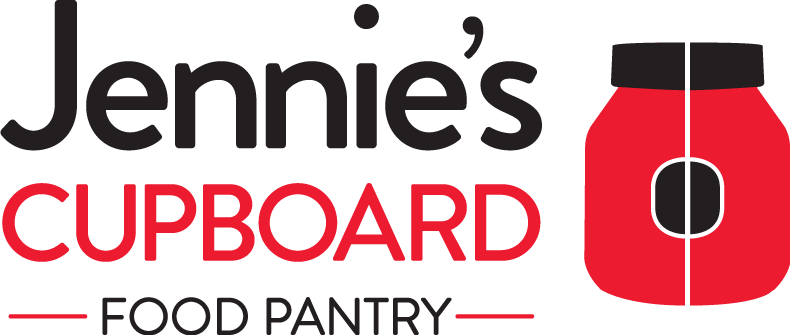 Logo design depicting a red container with a black lid and label and the words: Jennie's Cupboard Food Pantry