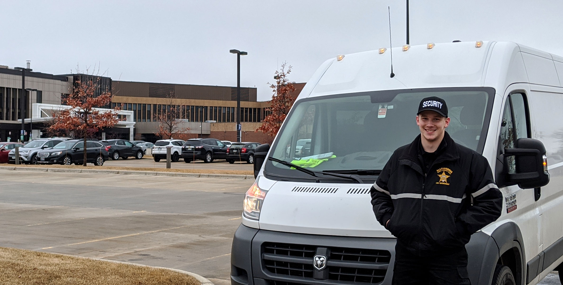 Jesse, a first-year Law Enforcement student, works security at Alomere Health hospital in Alexandria, MN