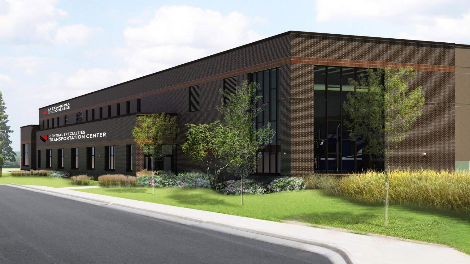 Architectural rendering of new Transportation Center with mockup of signage on the front of the building with both ATCC and CSI logos.