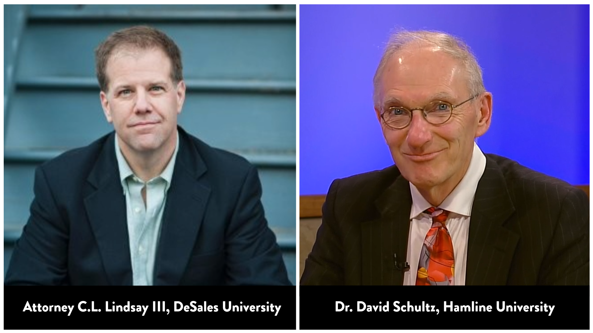 Side-by-side headshots of Think & Thrive speakers C.L. Lindsay III of DeSales University and David Schultz of Hamline University.