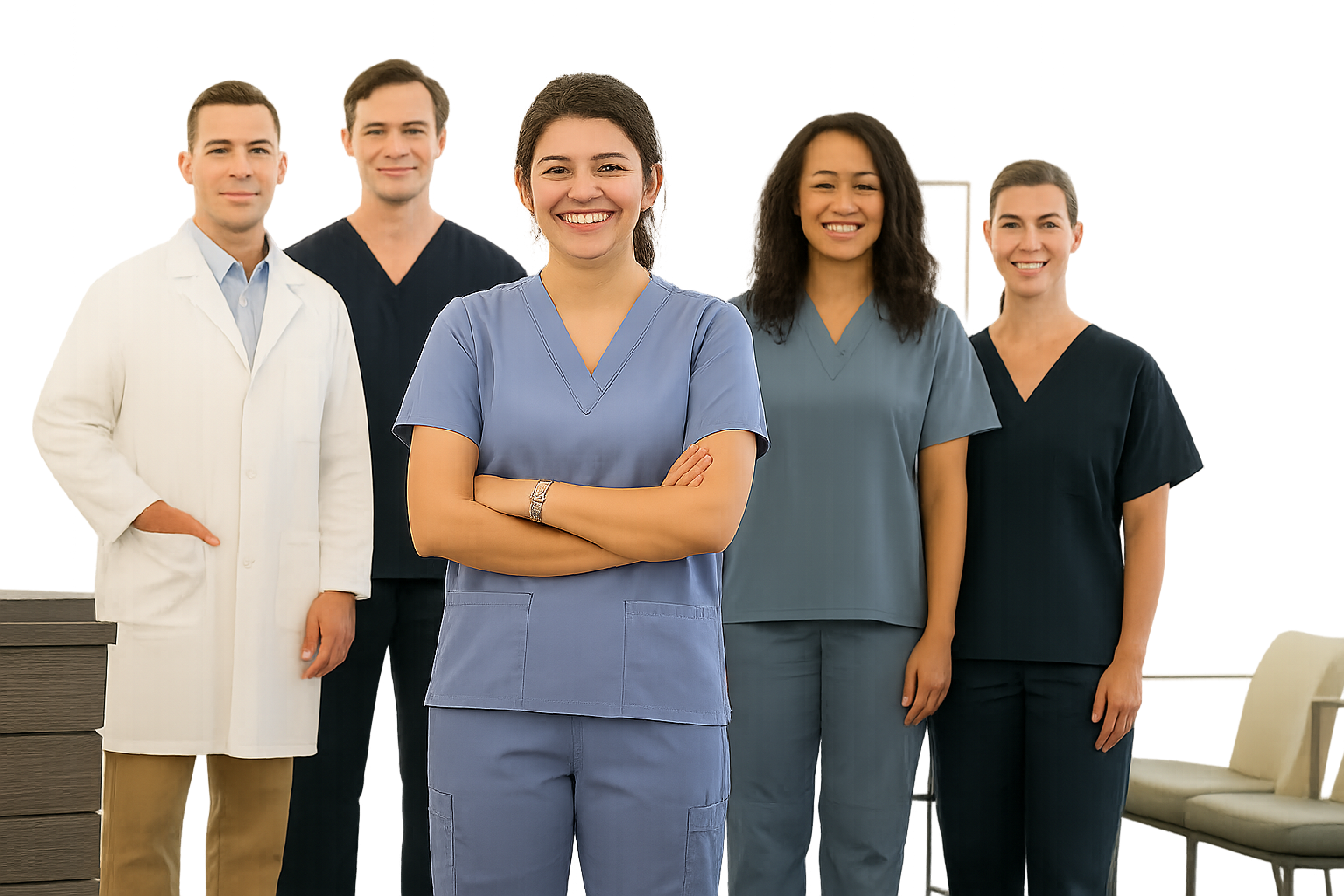 A diverse group of medical professionals facing the camera and smiling.